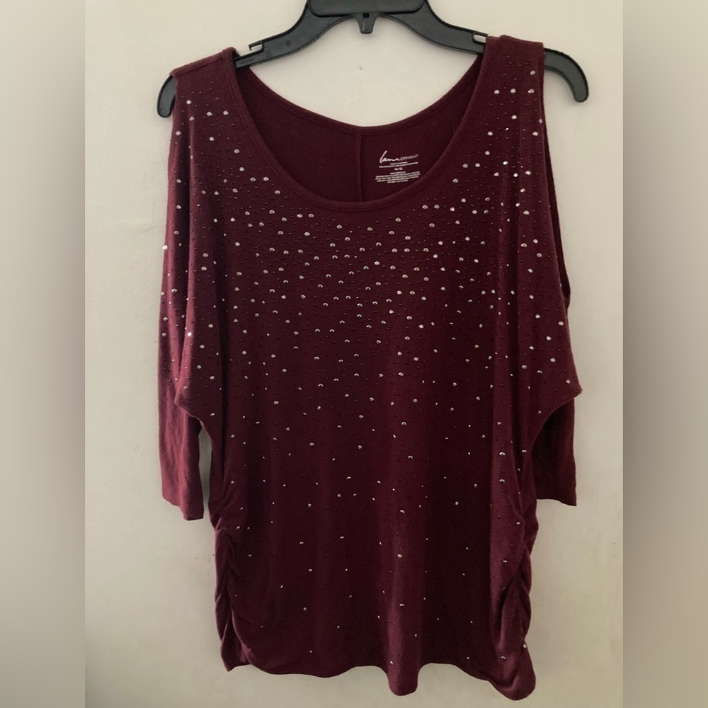 Lane Bryant plus sized cold shoulder burgundy sparkling blouse size 14/16